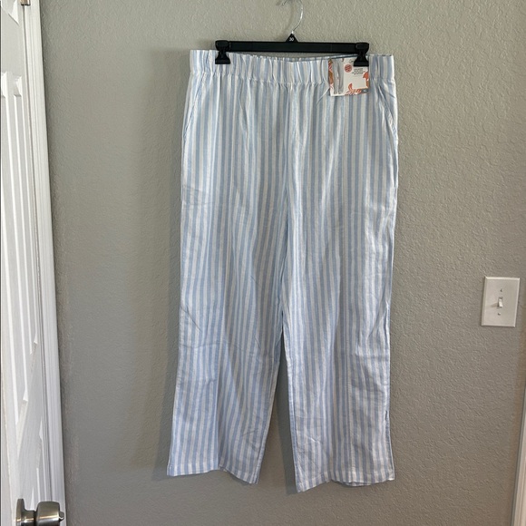 Blue and White linen blend Striped Pants - Picture 1 of 8